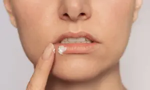 Palec nakłada krem na spierzchnięte usta, łagodząc objawy suche usta choroba.