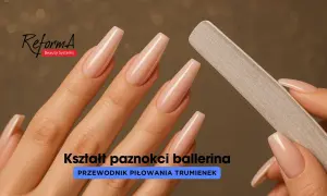 Długie, beżowe paznokcie w kształcie baleriny, idealnie opiłowane pilnikiem. Długość 2.