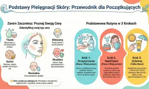 Ilustracja przedstawia typy cery i podstawową rutynę pielęgnacyjną. Widać różne rodzaje twarzy, od tłustej po wrażliwą, oraz kroki: oczyszczanie, nawilżanie i ochrona.