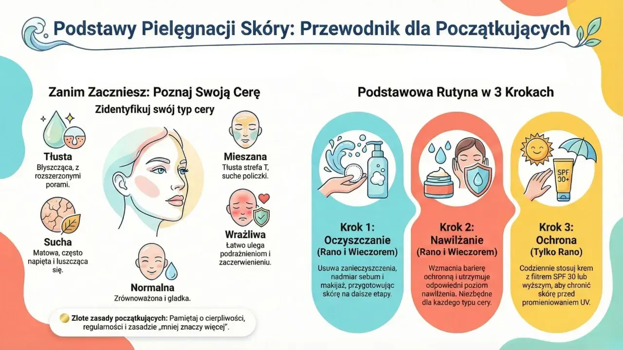 Podstawy pielęgnacji twarzy: rozpoznaj typ cery (tłusta, sucha, mieszana, wrażliwa, normalna) i wykonaj 3 kroki: oczyszczanie, nawilżanie, ochrona SPF.