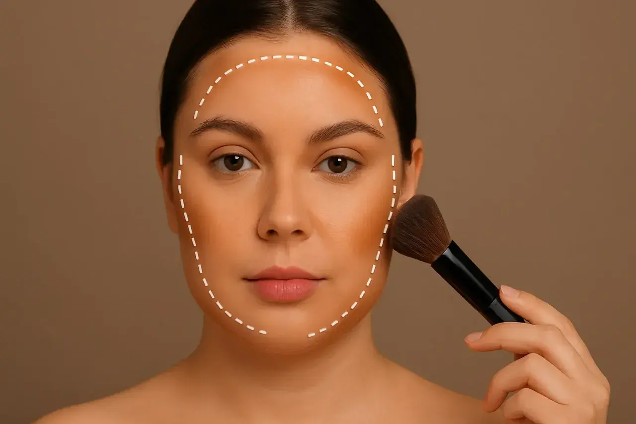 Kobieta nakłada bronzer pędzlem, tworząc kontur twarzy. Pokazano, jak wyszczuplić twarz za pomocą makijażu.