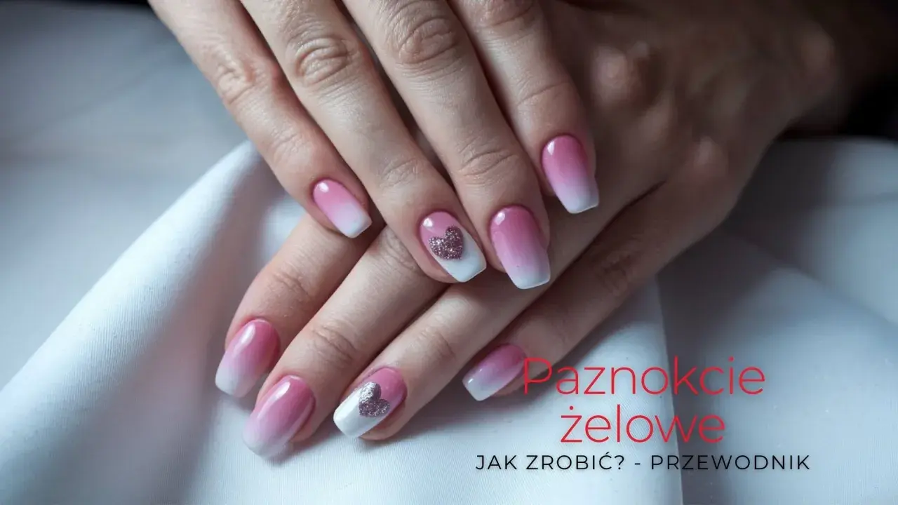Piękne paznokcie żelowe z efektem ombre i brokatowymi serduszkami. Rekonstrukcja paznokcia wykonana z dbałością o detale.