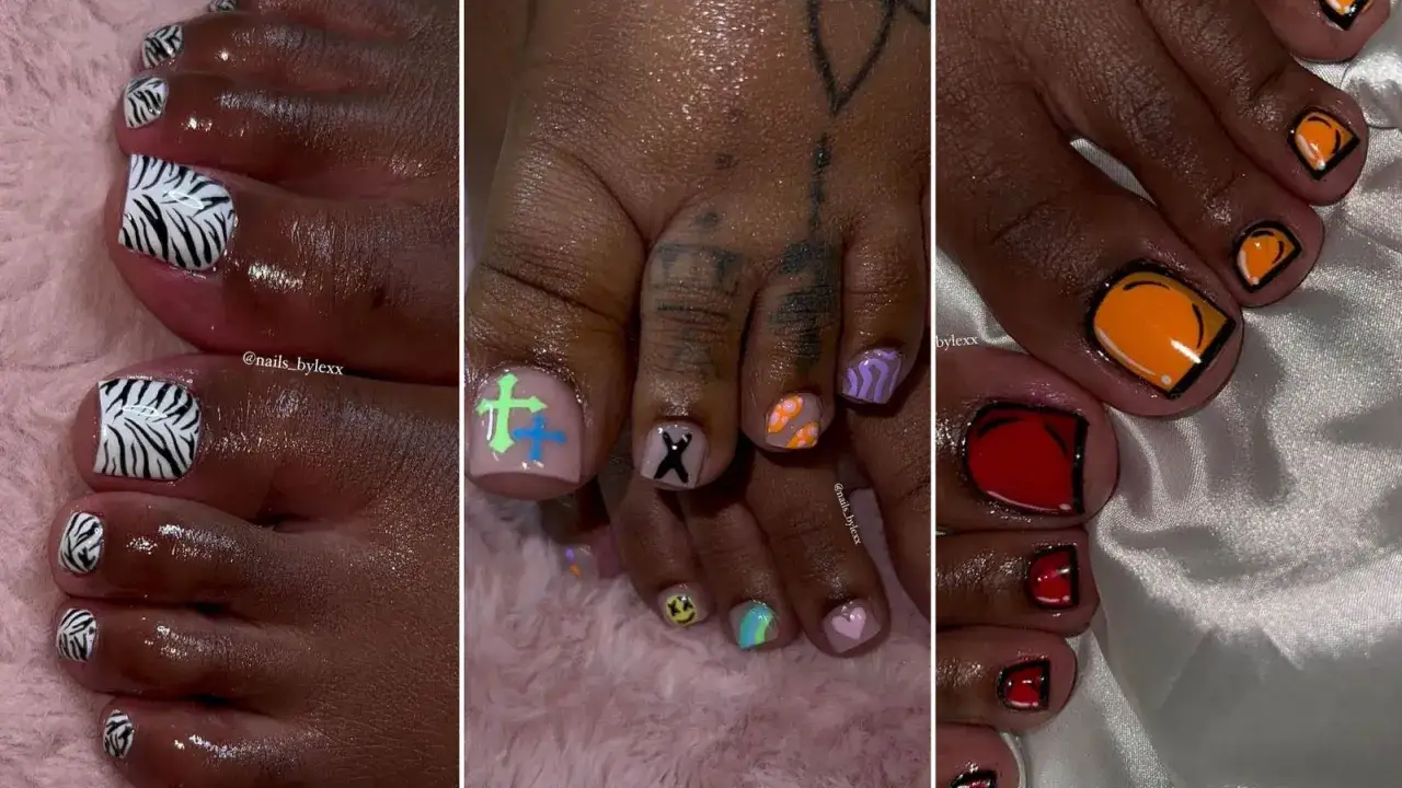 Kreatywny pedicure paznokcie u nóg: zebra, krzyże, emotki, paski i komiksowe wzory.