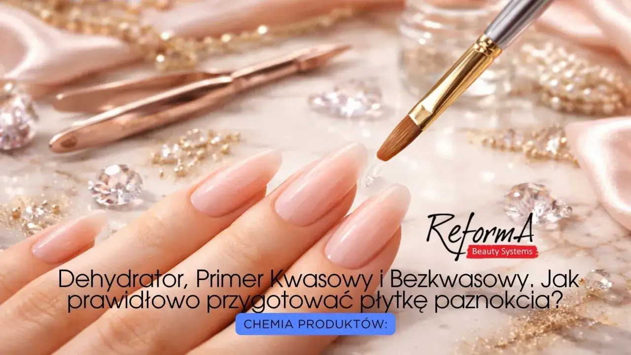 Dłonie z idealnymi paznokciami, pędzelek z żelem. Dowiedz się, kiedy użyć primer kwasowy czy bezkwasowy.