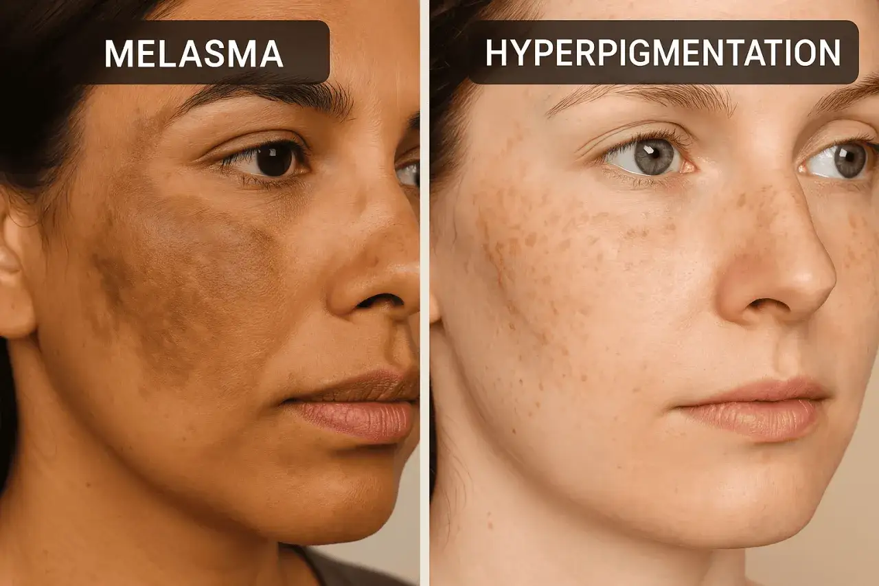 Porównanie dwóch typów przebarwień na twarzy: melasma na ciemniejszej skórze i piegi/hiperpigmentacja na jaśniejszej.