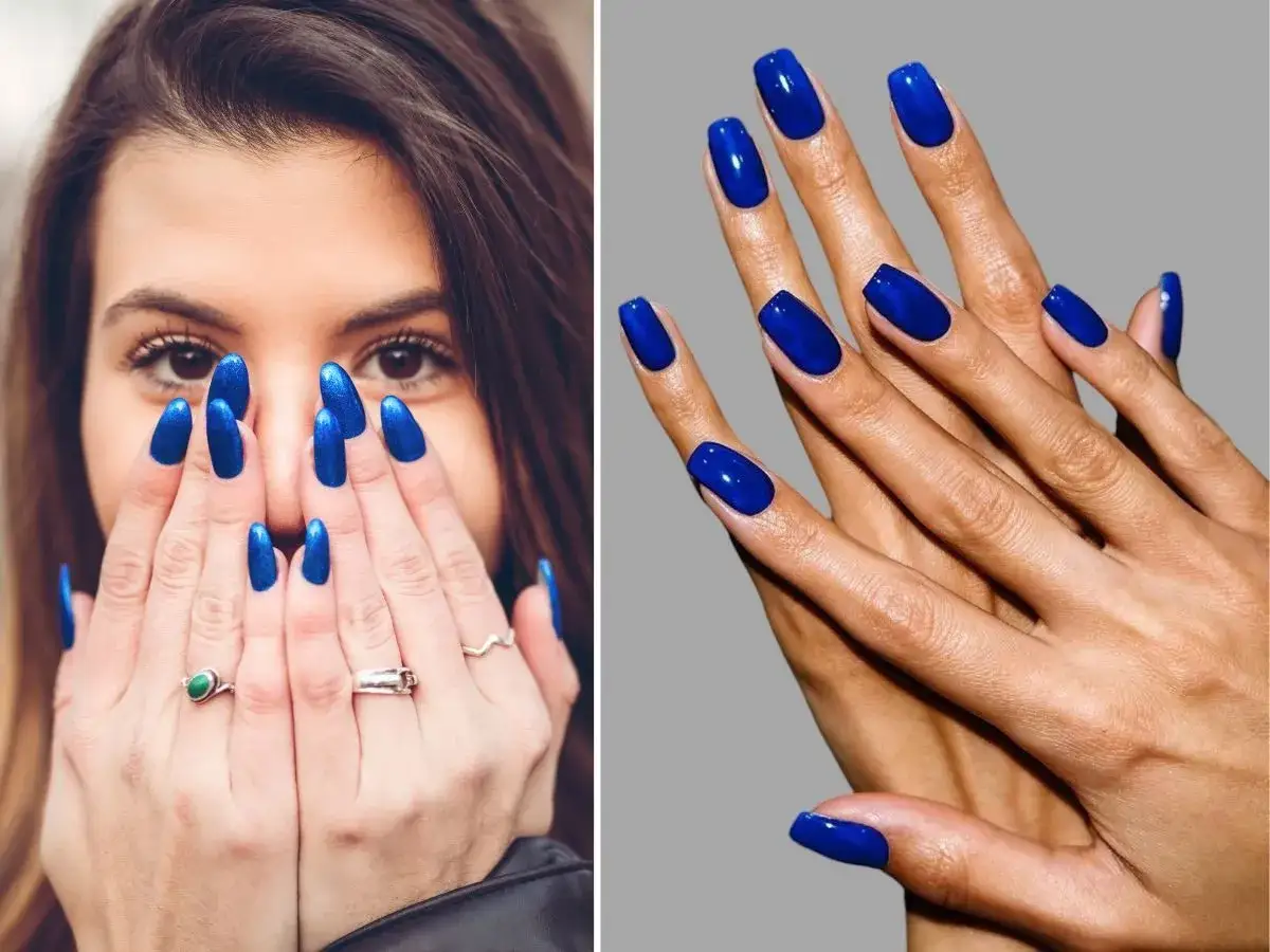 Kobieta z kobaltowymi paznokciami zakrywa usta. Obok dłonie z idealnym, błyszczącym manicure w tym samym odcieniu.