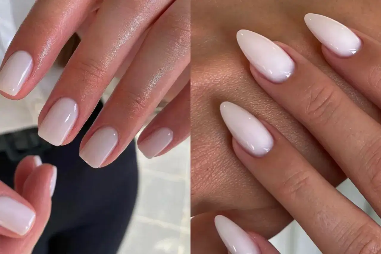 Dłonie z kwadratowymi i migdałowymi paznokciami w mlecznym kolorze. Delikatny, subtelny manicure.