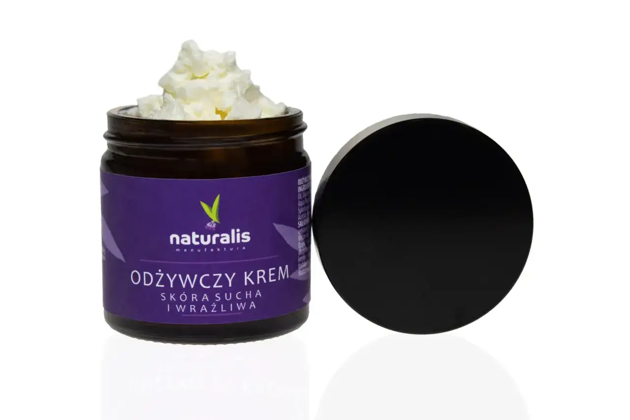 Słoiczek odżywczego kremu Naturalis z alantandermoline dla skóry suchej i wrażliwej, wypełniony po brzegi puszystą konsystencją.